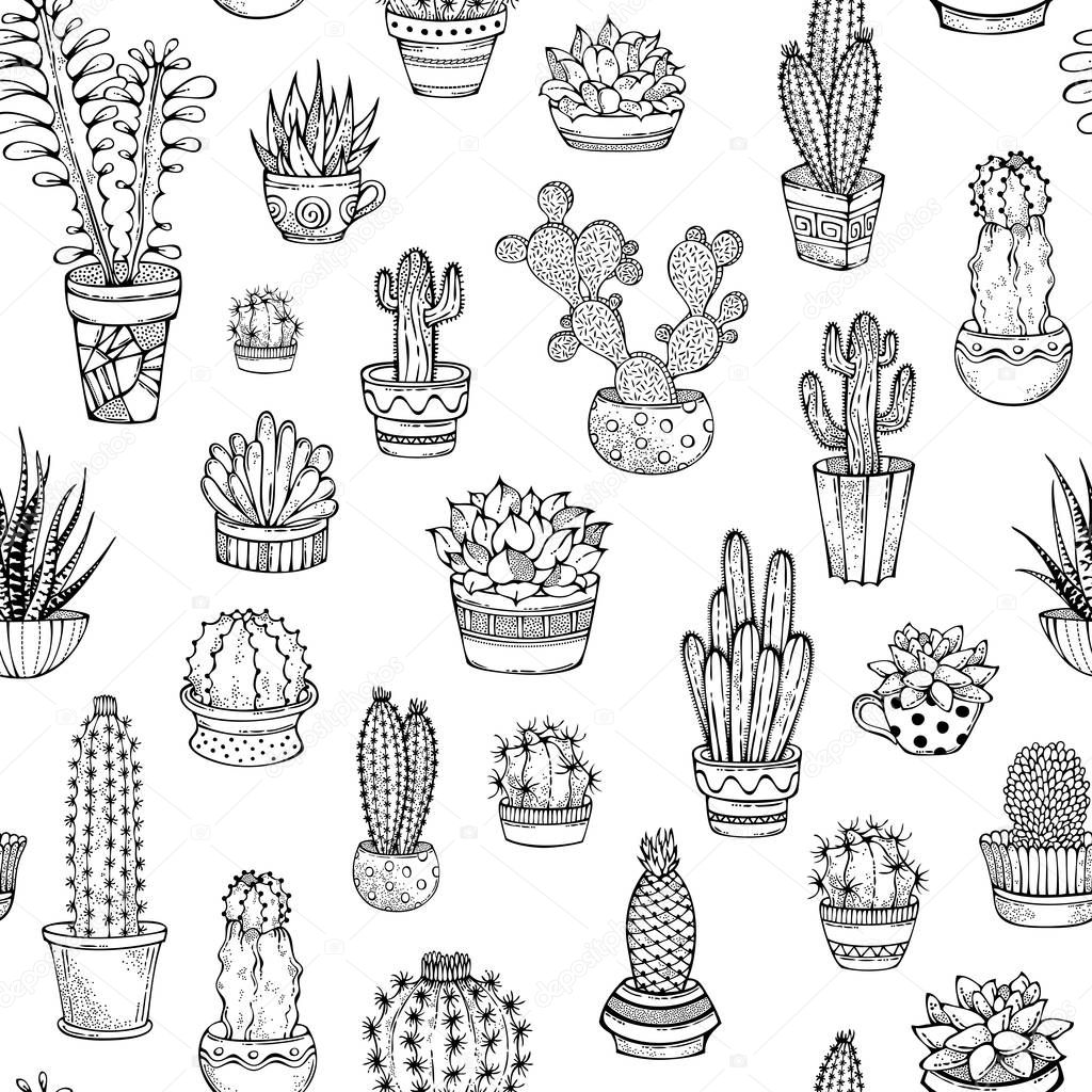 Vector seamless pattern of hand-drawn doodles cacti and succulen