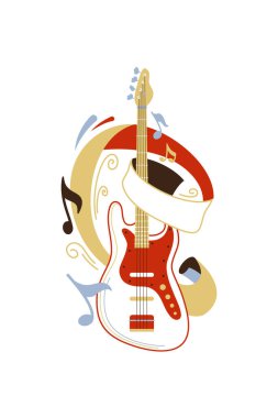 Elektro gitar düz vektör çizimi. Telli müzik aleti ve izole edilmiş klipslere dikkat edin. Rock müzisyeni profesyonel ekipman tasarım elementi. Canlı müzik konseri, gösteri, grup performansı