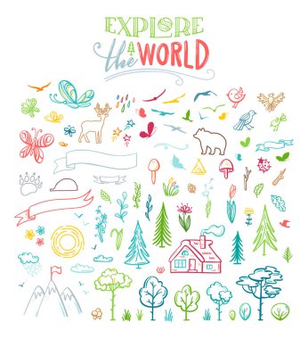 Ağaçlar, vahşi hayvanlar, dağlar, bulutlar, kelebekler, çiçekler, yapraklar vs. Çizimler beyaz arkaplanda izole edilmiş çizgi film biçimidir.