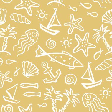 Okyanus hayvanlarının ve bitkilerin kusursuz deseni, balık, çapa, tekne, gemi, denizanası, kabuk, denizyıldızı, adada palmiyeler, güneş.