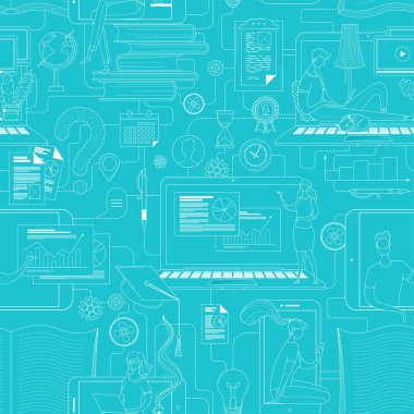 Çevrimiçi eğitim ana hatları vektörsüz örüntü. Öğrenciler ve öğrenciler ders çalışıyor, dizüstü bilgisayar kullanıyorlar, akıllı telefonlar kullanıyorlar. E-öğrenme, internet dersleri, uzak okul, üniversite ambalaj kağıdı tasarımı