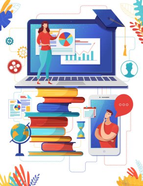 Okulun internet sınıfı düz vektör çizimi. Üniversite öğretmeni, online öğretmen desteği. Eğitim, uzak kurslar, uzak akademik eğitim. İş koçu sunumu Clipart