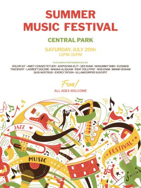 Bedava müzik festivali düz vektör şablonu. Yazın açık hava caz festivali web afişi ve metin alanı. Davullar, trompet, saksafon gitar enstrümanları karalama. Blues konser broşürü