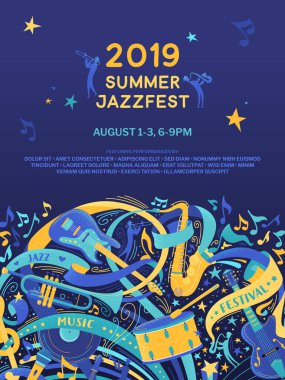 Caz festivali düz vektör şablonu. Klasik müzik konseri, yaz etkinliği, metin alanlı internet pankartı. Perküsyon, rüzgar ve telli çalgılar renk çizimi. Blues grubu performansı
