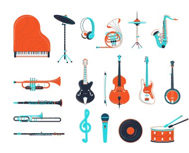Akustik ve elektrikli müzik aletleri çizimleri. Gitar, kuyruklu piyano, banjo izole tasarım elementleri. Trompet, saksafon, flüt ahşap çalgılar. Retro müzik kaydı ve mikrofon