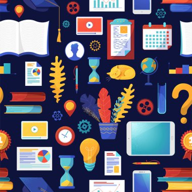 Okul ve üniversite öğeleri düz vektör desenli. Öğrenme, bilgi ve eğitim arkaplanı. Uyuyan kedi, tablet, mavi arka planda saksı bitkisi. Okulun ambalaj kâğıdı tasarımına