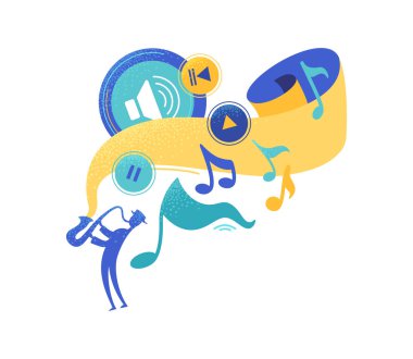 Saksafoncu siluet saksafon düz vektör çizimi oynuyor. Çoklu ortam uygulama simgeleri. Çal, dur, ses kontrol düğmeleri. Blues sanatçısı, caz sanatçısı retro çizimi. Müzik enstrümanlı müzisyen