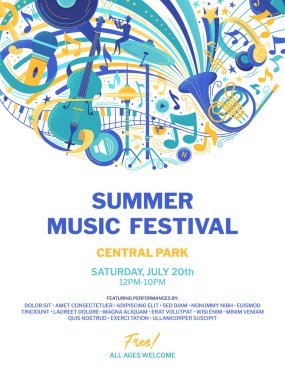 Açık hava müzik festivali için düz poster şablonu. Caz ve Blues konser web afişi. Modern ve eski müzik aletleri çizimler yapıyor. Rock and roll müzik grubu reklam broşürü