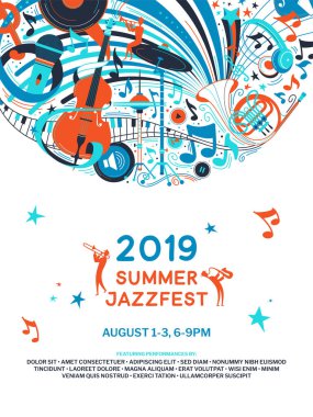 Yaz caz festivali duyurusu poster resmi. Metin alanı olan Retro müzik festivali web afişi. Mikrofon, çello, Fransız kornosu müzik aletleri karalama. Blues konser broşürü