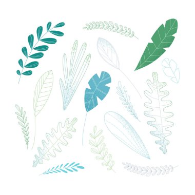 Yeşil ve mavi tasarım elementleri beyaz arkaplanda izole edildi. Dolduruldu ve özetlendi. Düz doğa illüstrasyonu.