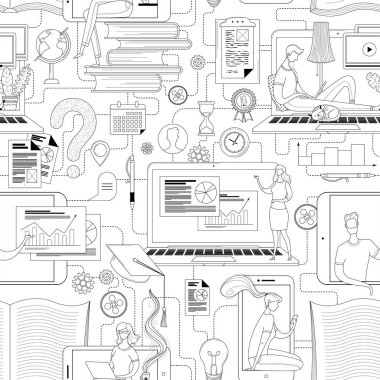 Çevrimiçi eğitim ana hatları vektörsüz örüntü. Öğrenciler ve öğrenciler ders çalışıyor, dizüstü bilgisayar kullanıyorlar, akıllı telefonlar kullanıyorlar. E-öğrenme, internet dersleri, uzak okul, üniversite ambalaj kağıdı tasarımı