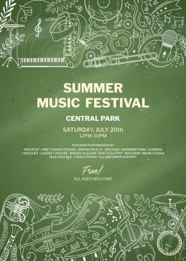 Woodwind orkestrası canlı poster şablonu. Caz festivali, blues grubu konser broşürü, broşür planı. Müzik aletleri ince çizgili çizgiler çizer. Çello, trompet çizimi