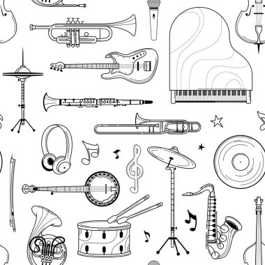 Müzik aletleri elle çizilmiş kusursuz desen. Piyano, davul hattı sanat dokusu. Siyah perküsyon, beyaz arka planda tıngırdayan enstrümanlar. Caz performansı duvar kağıdı tasarımı
