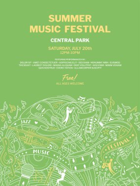 Senfoni orkestrası canlı poster şablonu. Yaz caz festivali, blues grubu konser klasik broşürü, broşür planı. Müzik aletleri yeşil zemin üzerinde ince çizgi çizimi