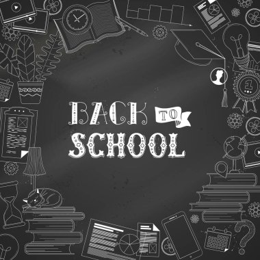 Okulun tebeşir taşıyıcı sosyal medya afiş şablonu. Ofis kırtasiyesi reklam afiş düzeni ve metin alanı. Akıllı telefon, kum saati hatları çizimleri. Çevrimiçi eğitim, gelişim