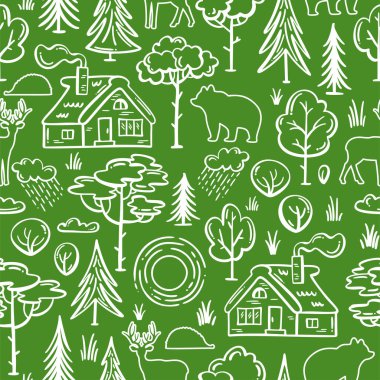 Ormandaki doğrusal ev, ağaçlar ve çalılar, vahşi geyik, ayı, kirpi. Doğa tasarımın için parlak, sınırsız bir altyapı. Yeşil ve beyaz.