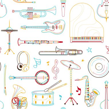 Orkestra enstrümanları elle çizilmiş kusursuz desen. Banjo, saksafon, piyano hattı sanat dokusu. Beyaz arka planda renkli pirinç enstrümanlar. Müzik festivali vektör tasarımı