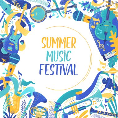 Yaz müzik festivali sosyal medya afişi. Klasik konser, blues ve caz grubu performansı. Metin alanı olan müzikal olay posteri. Woodwind ve string müzik enstrümanları illüstrasyon