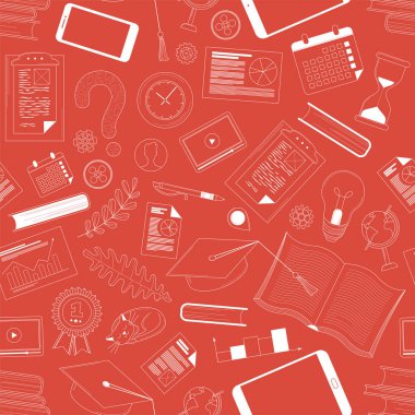 Okul, doğrusal vektörsüz desen sağlıyor. Öğrenim, üniversite dersleri ve konular. Havan topu tahtası, takvim, kırmızı arka planda defter. Okulun ambalaj kâğıdı tasarımına