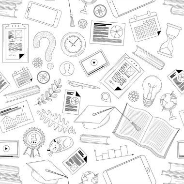 Akademik eğitim doğrusal vektörsüz örüntü. Öğrenme, bilgi ve eğitim arkaplanı. Mezuniyet şapkası, bitki yaprakları, ders kitapları çizimleri. Okulun ambalaj kâğıdı tasarımına