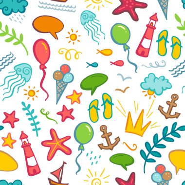 Okyanus hayvanlarının ve bitkilerin kusursuz deseni, balık, çapa, tekne, gemi, denizanası, kabuk, denizyıldızı, dondurma, balon, balon, konuşma, yapraklar, parmak arası terlikler, serpilme.