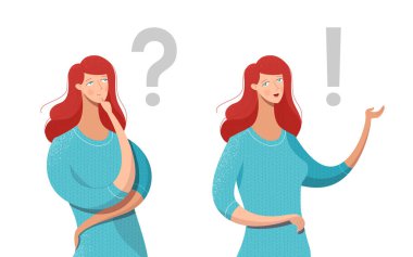 Thinking woman flat vector characters set. Cartoon girl deciding, considering options with hand on chin. Confused lady suggesting solution, answer isolated character. Question, exclamation mark clipart