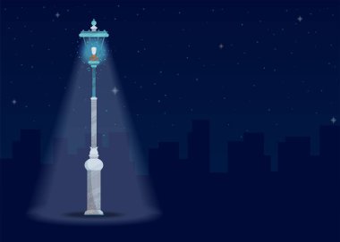 Evlerin siluetleri, gökyüzündeki yıldızlar. Koyu mavi arka planda sokak lambası. Modern noktalama desenli düz çizim. Metniniz için kopyalanma alanı var.