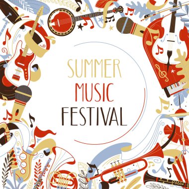 Yaz müzik festivali düz web afişi şablonu. Klasik konser, blues ve caz orkestrası reklam afişi. Müzikal etkinlik sosyal medya paylaşımı. Trompet, saksafon çizimi