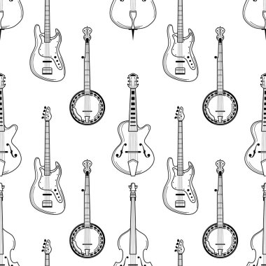 Çalan enstrümanlar elle çizilmiş, dikişsiz desen. Gitar, banço, çello dokusu. Beyaz arkaplanda siyah çizgili tel aletler. Müzik festivali, caz performans ambalaj kağıdı tasarımı