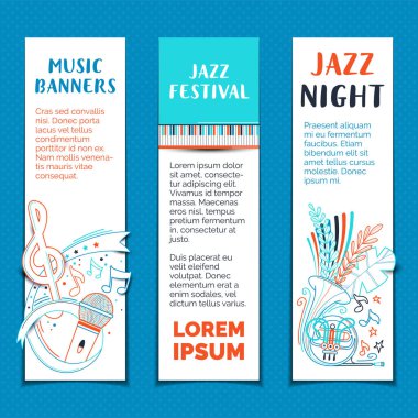 Caz festivali el yazısı vektör afiş şablonları ayarlandı. Beyaz arka plan minimalist poster tasarımı üzerine gece canlı performans taslağı. Piyano tuşları renkli satır sanatı