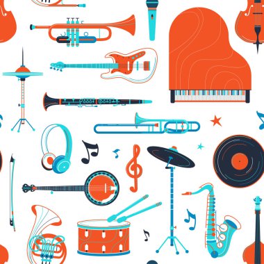 Müzik aletleri, ekipman retro vektör düz düz desen. Piyano, banjo, saksafon dokusu. Perküsyon, teller, pirinç enstrümanlar. Caz konseri, müzik festivali, rock performans arka planı