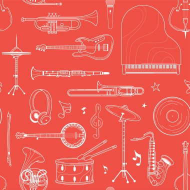 Müzik orkestrası beyaz hatları kusursuz. Bateri seti, plak, Fransız kornosu sanat dokusu. Contour klavyesi, ahşap çalgılar kırmızı arka planda. Caz konseri tekstil tasarımı