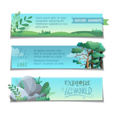 Doğa manzaraları. Çam, köknar, bulut, taş ve tarla. Düz arkaplan ve modern noktalama dokusu. Gökyüzündeki metnin için boşluk kopyala.