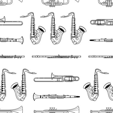 Müzik aletleri elle çizilmiş kusursuz desen. Trumper, klarnet, saksafon hattı sanat dokusu. Beyaz zemin üzerinde siyah pirinç enstrümanlar. Caz, klasik orkestra vektör tasarımı