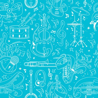 Orkestra enstrümanları elle çizilmiş kusursuz desen. Çello, kurdele, gitar hattı sanat dokusu. Beyaz perküsyon, mavi arka planda telli çalgılar. Müzik festivali vektör tasarımı
