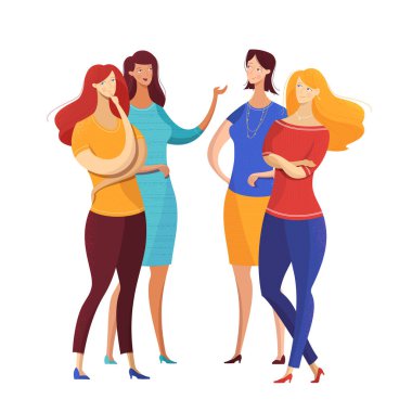 Kızlar düz vektör illüstrasyonuyla konuşur. Bir grup kadın haberleri, sırları paylaşıyor, yalıtılmış kişilerle dedikodu yapıyor. Bekarlığa veda partisi etkileşimi, diyalog. Bayan meslektaşlar öğle arasında konuşuyor.