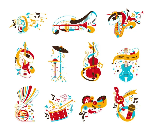 Festive Musical Instruments Flat Vector Illustrations Set Electric Guitar Drums — Stock Vector