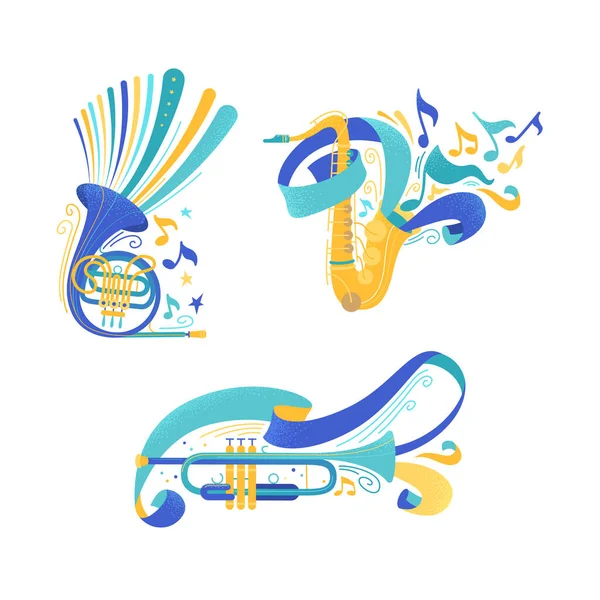 Brass Musical Instruments Flat Vector Illustrations Set Trumpet Saxophone Ribbons — Stock Vector