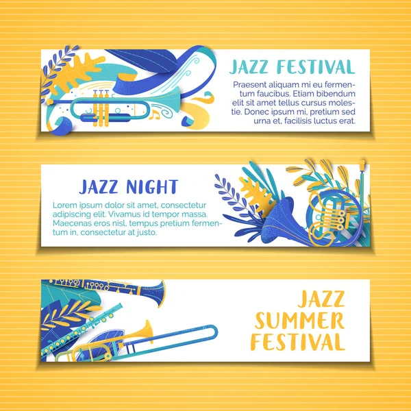 Jazz Summer Festival Vettoriale Disegnato Mano Banner Set Concerto Musicale — Vettoriale Stock
