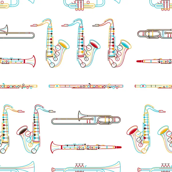 Instrumentos Latón Dibujado Mano Esquema Sin Costura Patrón Clarinete Flauta — Vector de stock