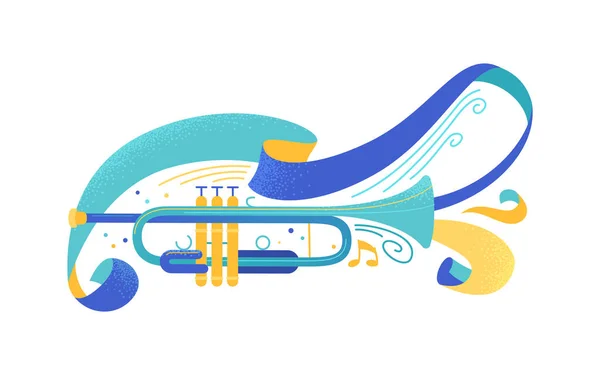Blue Trumpet Flat Vector Illustration Professional Brass Instrument Ribbons Serpentine — Stock Vector