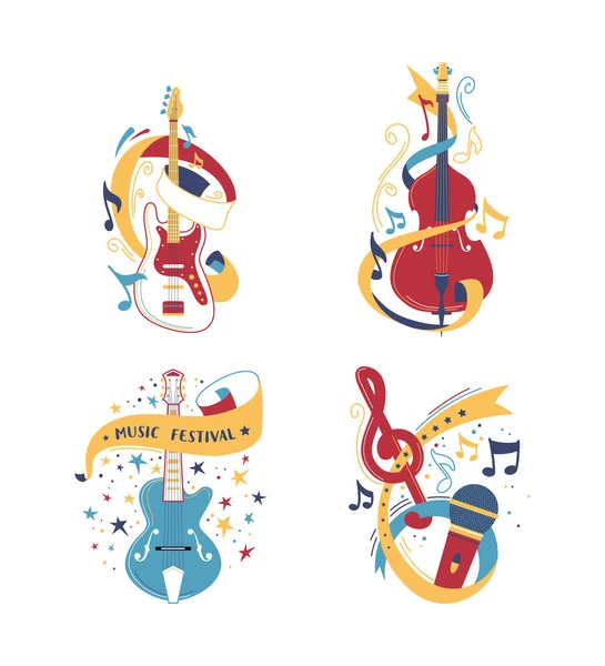 String Bowed Musical Instruments Illustrations Set Electric Acoustic Guitars Classical — Stock Vector