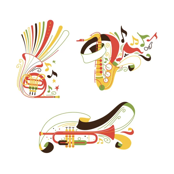 Brass Woodwind Musical Instruments Illustrations Set Trumpet Saxophone Ribbons French — Stock Vector