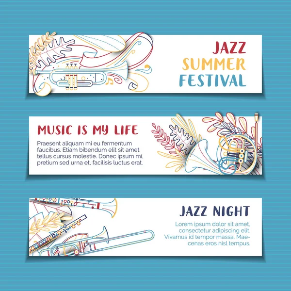 Jazz Summer Festival Set Banner Vettoriali Disegnati Mano Evento Musicale — Vettoriale Stock