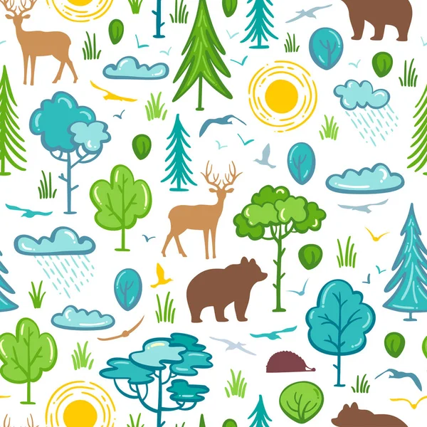 Δέντρα Και Θάμνοι Ήλιος Και Σύννεφα Άγρια Ζώα Ελάφια Αρκούδες — Διανυσματικό Αρχείο
