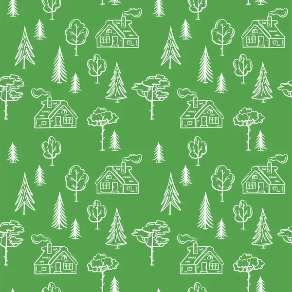 Линейная Зеленая Белая Иллюстрация Дом Лесу Деревья Кусты Яркий Безграничный — стоковый вектор