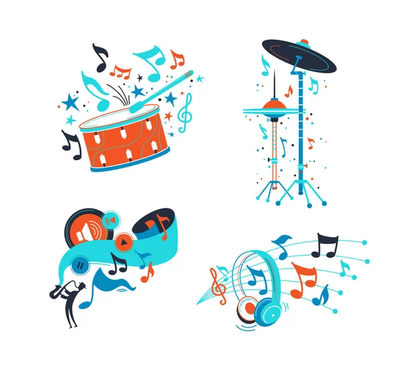 Instrumentos Musicais Percussão Conjunto Ilustrações Planas Címbalos Tambor Desenho Plano — Vetor de Stock