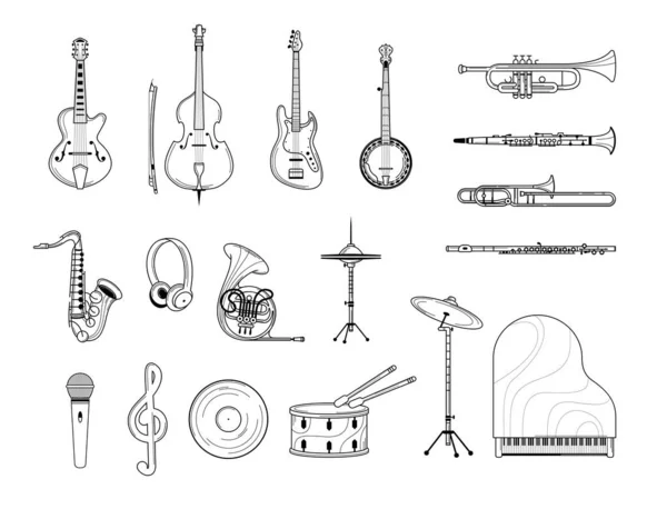 Музичні Інструменти Окреслюють Набір Ілюстрацій Акустична Електрична Гітара Грандіозне Фортепіано — стоковий вектор