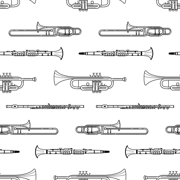 Von Hand Gezeichnete Holzblasinstrumente Zeichnen Ein Nahtloses Muster Flöte Klarinette — Stockvektor