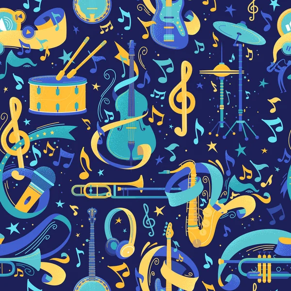 Instruments Musique Plat Vecteur Motif Sans Couture Violoncelle Saxophone Texture — Image vectorielle